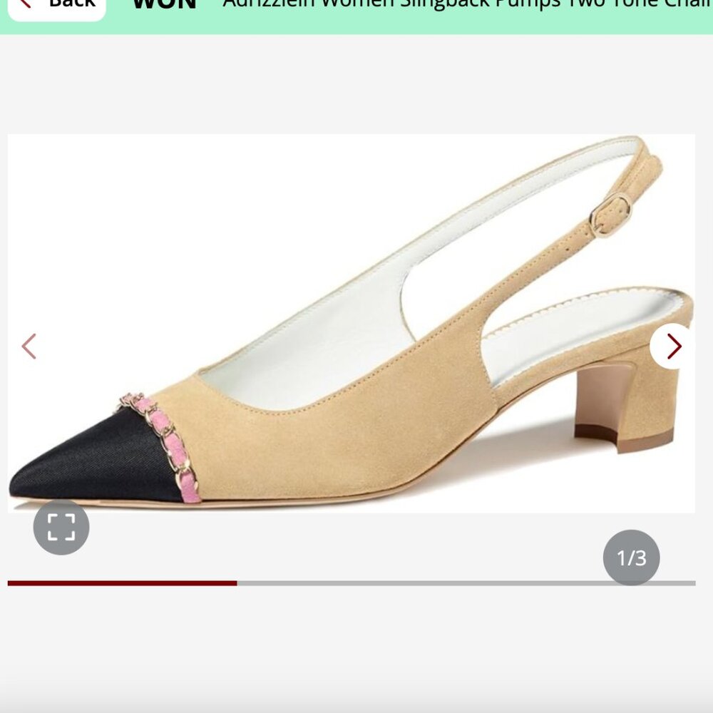 Women Slingback Pumps Two Tone Chain Embellished Pointed Toe Chunky Heel NEW